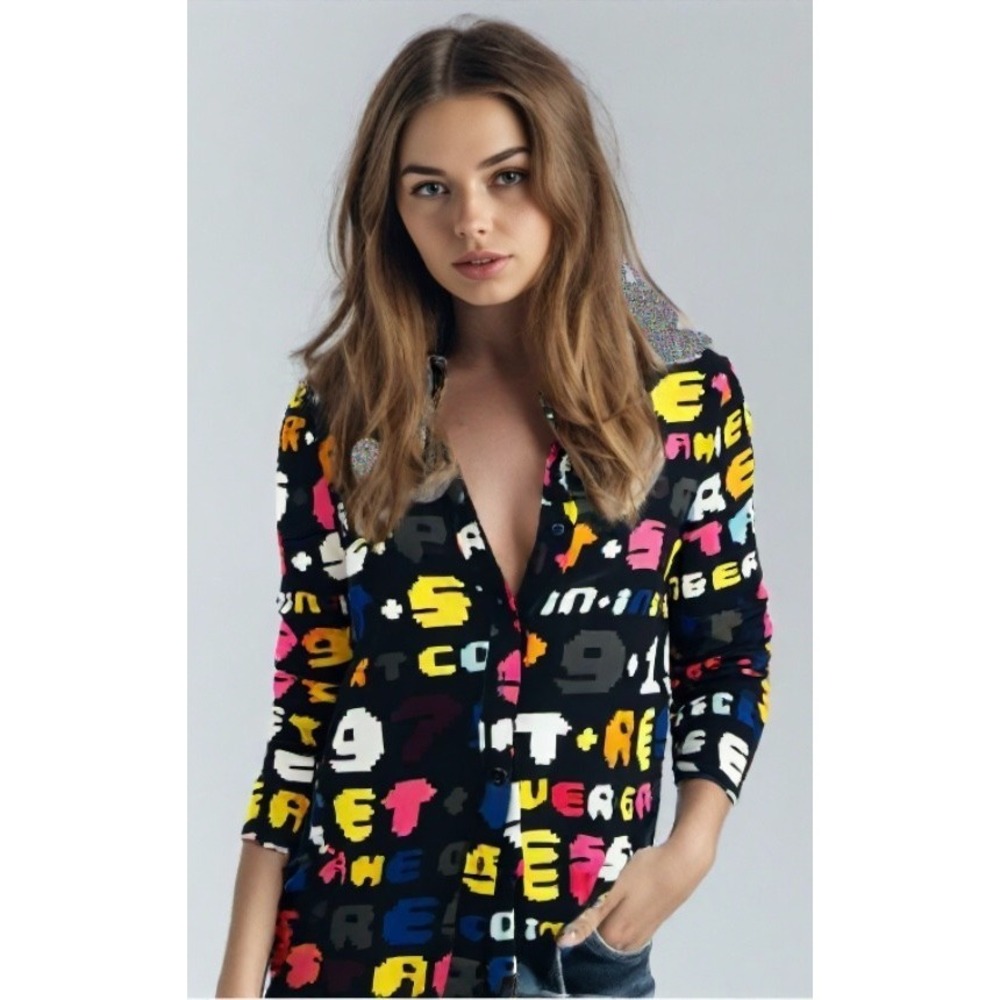 American Retro Paris Silk Blouse Small PacMan Black Button-Up Long Sleeve EUC